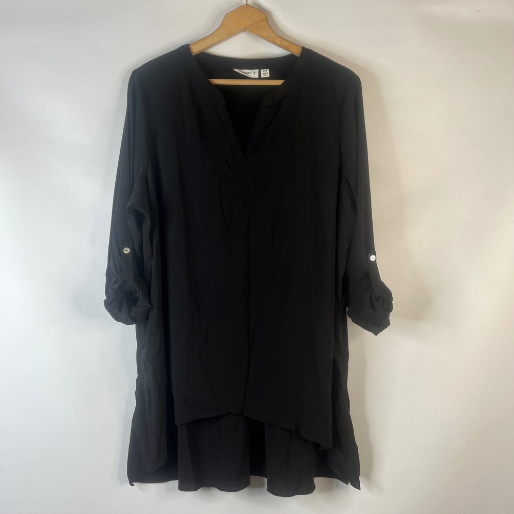 Susan Graver Tunic Blouse Women 22W Black Roll-Tab Sleeve Layered Crossover Hem